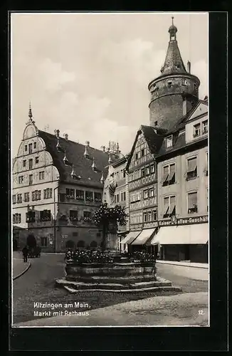 AK Kitzingen a. M., Markt mit Rathaus und Brunnen