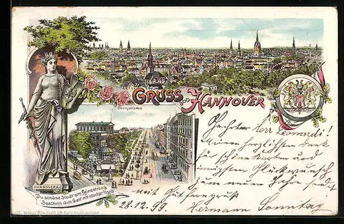 Lithographie Hannover, Georgstrasse, Hannovera, Ortsansicht aus der Vogelschau