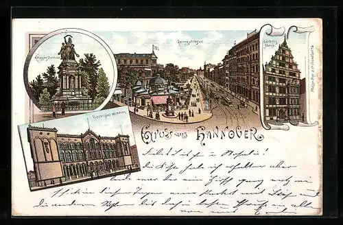 Lithographie Hannover, Georgstrasse, Leibniz Haus, Krieger Denkmal, Provinzial-Museum