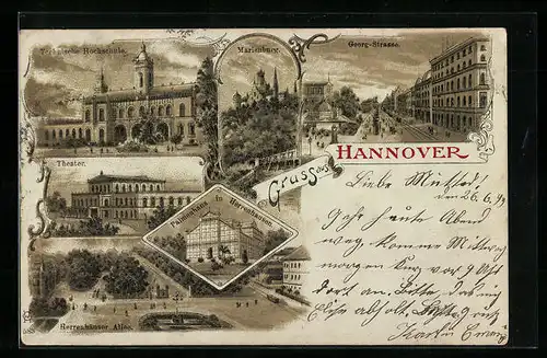 Lithographie Hannover, Technische Hochschule, Georg-Strasse, Marienburg, Herrenhäuser Allee