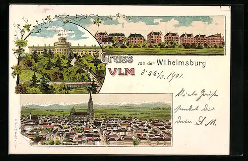 Lithographie Ulm, Wilhelmsburg und Ortspanorama