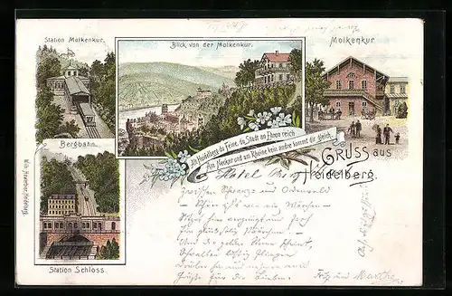 Lithographie Heidelberg, Gasthaus Molkenkur, Bergbahn Station Schloss, Blick von der Molkenkur auf den Ort