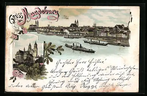 Vorläufer-Lithographie Magdeburg, 1895, Teilansicht am Fluss, Kirche