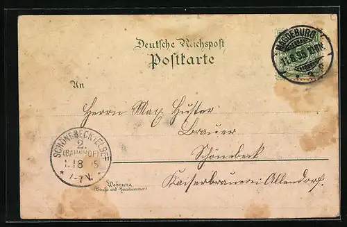 Vorläufer-Lithographie Magdeburg, 1895, Teilansicht am Fluss, Kirche