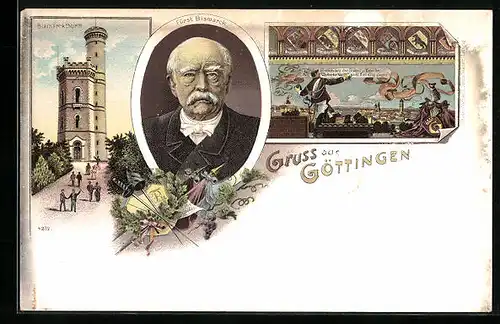 Lithographie Göttingen, Bismarckthurm, Portrait Fürst Bismarck