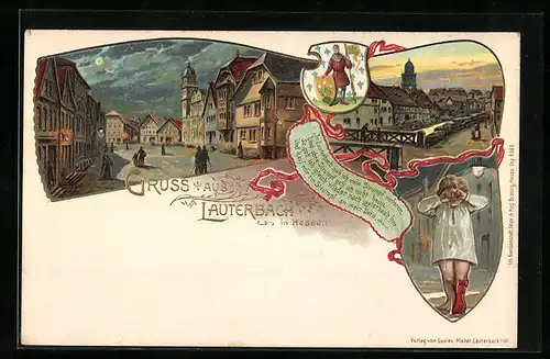 Lithographie Lauterbach, Ortsansichten und weinendes Mädchen mit einem roten Strumpf