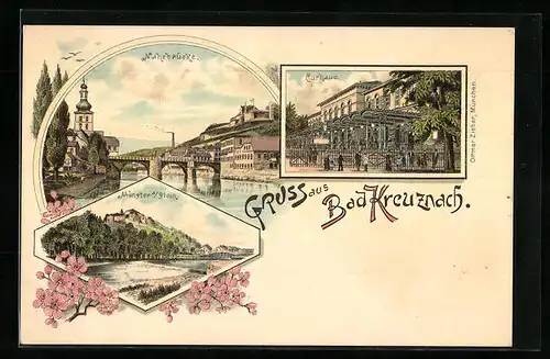 Lithographie Bad Kreuznach, Curhaus, Nahebrücke, Münster a/Stein