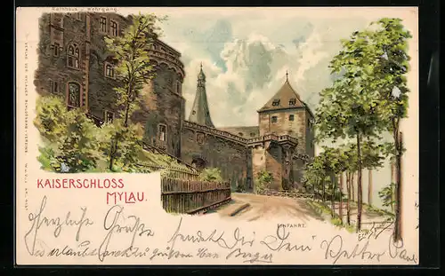 Künstler-Lithographie Erwin Spindler: Mylau i. V., Einfahrt zum Kaiserschloss