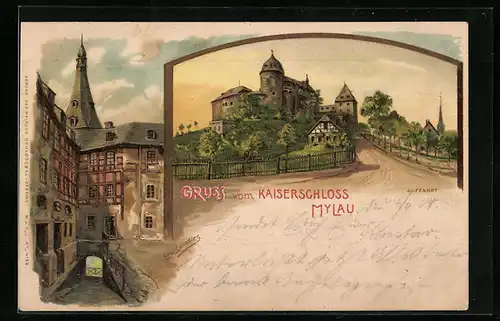 Künstler-AK Erwin Spindler: Mylau, Partie am und im Kaiserschloss
