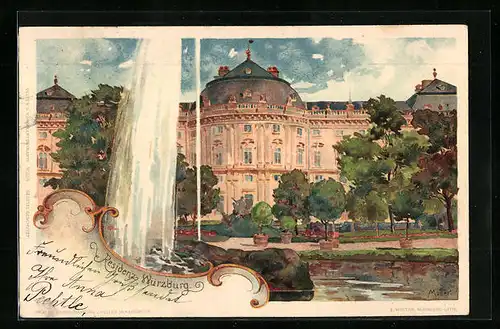 Künstler-AK Karl Mutter: Würzburg, Frontansicht der Residenz mit Springbrunnen