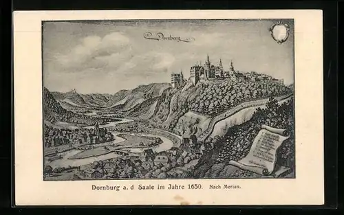 Künstler-AK Dornburg a. d. Saale, Ortsansicht im Jahre 1650 nach Merian