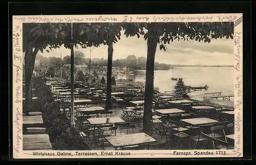 AK Berlin, Wirtshaus Gatow, Terrassen mit Blick auf den See