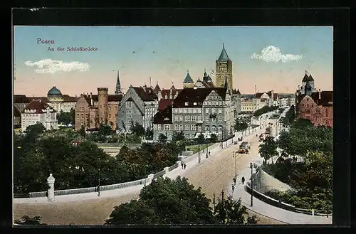 AK Posen, Schlossbrücke mit Strassenbahn