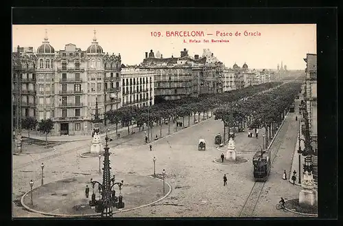 AK Barcelona, Paseo de Gracia, Strassenbahn