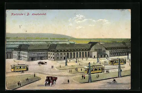 AK Karlsruhe i. B., Hauptbahnhof mit Strassenbahn