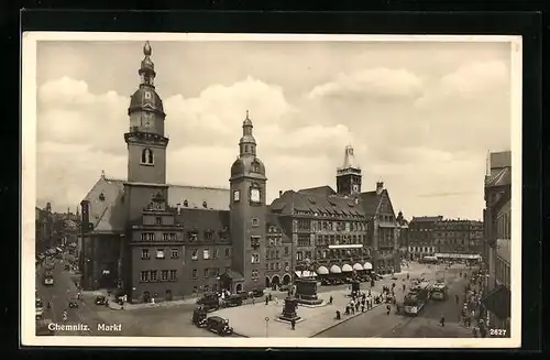AK Chemnitz, Strassenbahnverkehr auf dem Marktplatz
