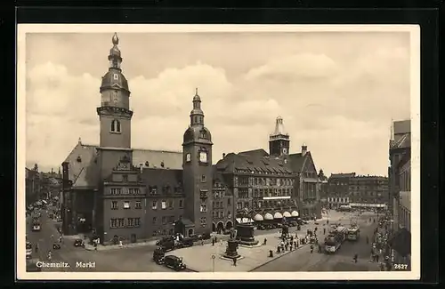 AK Chemnitz, Strassenbahnverkehr auf dem Marktplatz