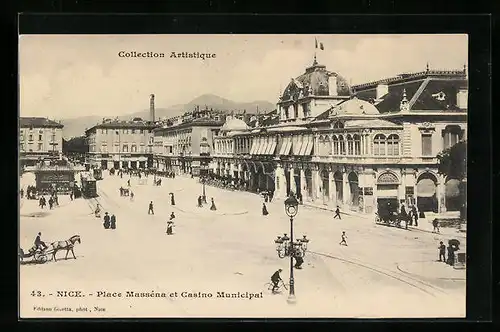 AK Nice, Place Massena et Casino Municipal, Strassenbahn