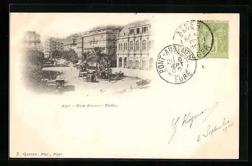 AK Alger, Place Bresson, Theatre, Strassenbahn