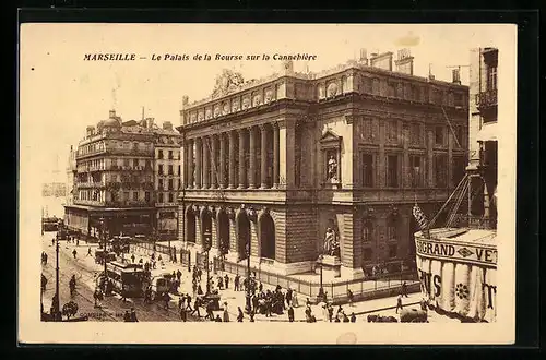 AK Marseille, Le Palais de la Bourse sur la Cannebiere, Strassenbahn