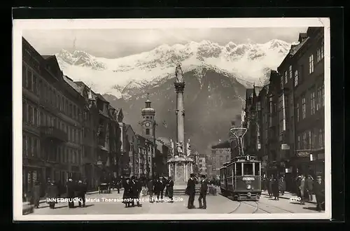 AK Innsbruck, Maria Theresienstrasse mit Annasäule und Strassenbahn