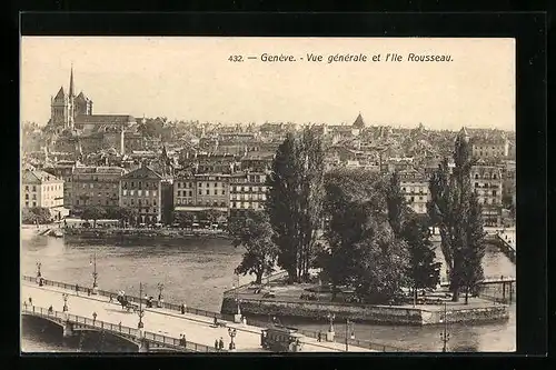 AK Genéve, Vue generale et l`lle Rousseau, Strassenbahn