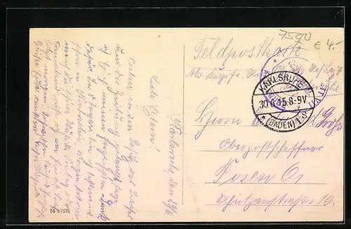 AK Karlsruhe, Strassenbahn vor dem Postamt