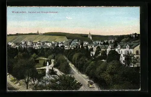 AK Wiesbaden, Nerotal mit Kriegerdenkmal und Strassenbahn