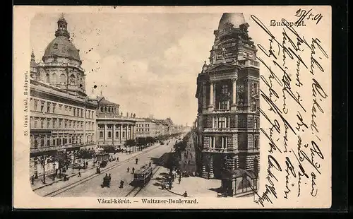 AK Budapest, Waitzner-Boulevard mit Strassenbahn