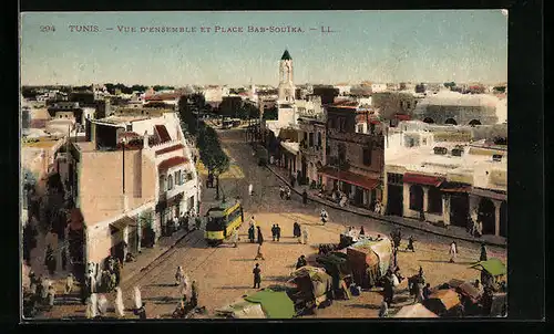 AK Tunis, vue d'ensemble et place Bas-Souika, Strassenbahn