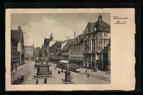 AK Chemnitz, Blick auf den Markt mit Strassenbahn