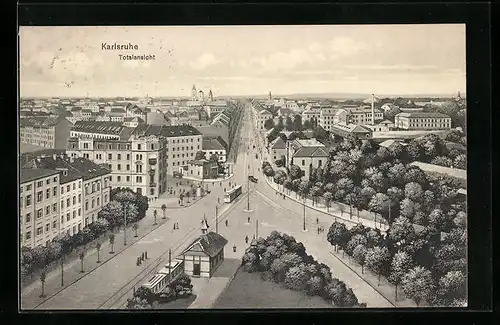 AK Karlsruhe, Blick von der Bernharduskirche in die Durlacher Allee, Strassenbahn