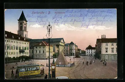 AK Karlsruhe, Hotel Grosse & Strassenbahn am Marktplatz