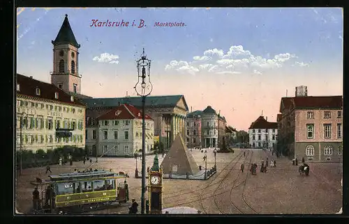 AK Karlsruhe, Marktplatz mit Strassenbahn