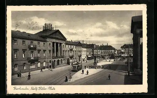 AK Karlsruhe, Platz mit Strassenbahn