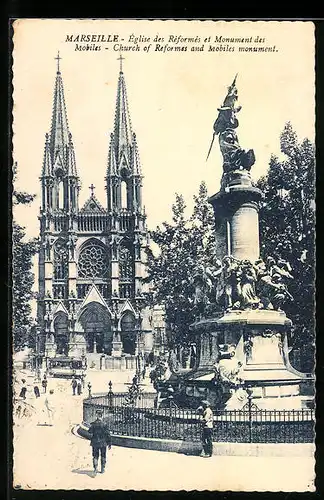 AK Marseille, Eglise des Reformes et Monument des Mobiles, Strassenbahn