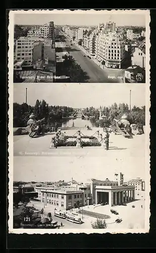 AK Bucuresti, B-dul Bratianu, Denkmal, Bahnhof mit Strassenbahn