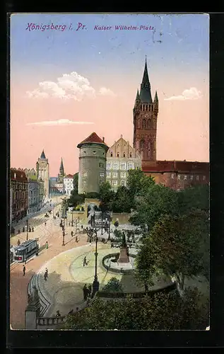 AK Königsberg i. Pr., Kaiser Wilhelm-Platz im Abendrot, Strassenbahn