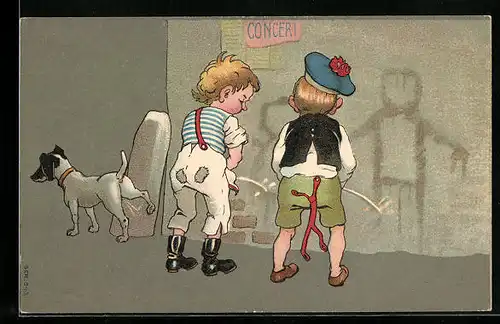 AK Zwei junge Knaben urinieren mit einem Hund an die Hauswand, Toilettenhumor