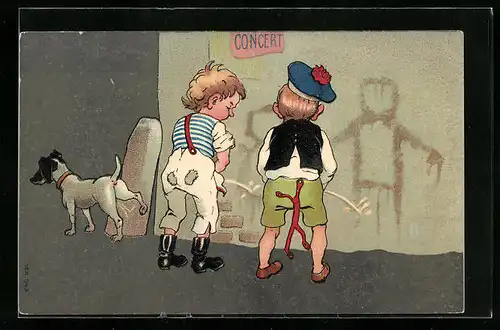 AK Zwei junge Knaben urinieren mit einem Hund an die Hauswand, Toilettenhumor