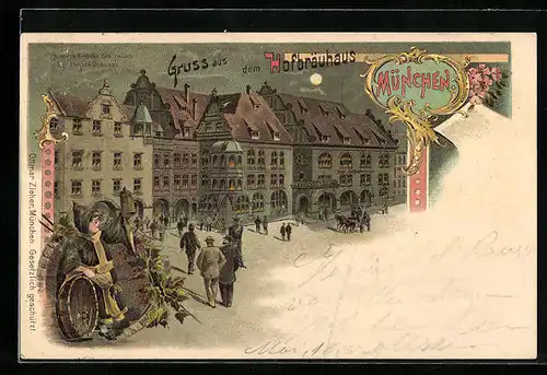 Lithographie München, Gäste vor dem Münchner Hofbräuhaus