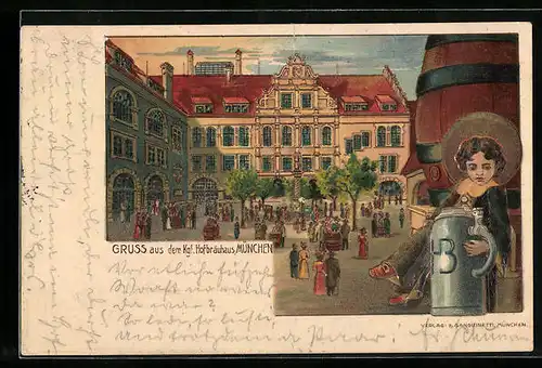 Präge-Lithographie Münchner Hofbräuhaus und Kindl mit Bierkrug