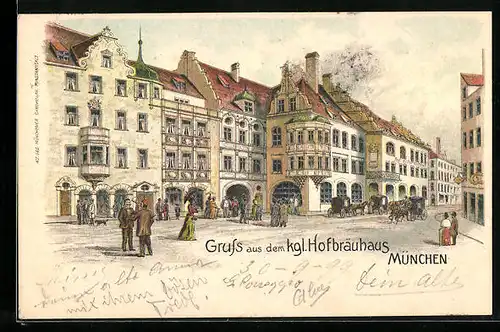 Lithographie Münchner kgl. Hofbräuhaus, Passanten auf dem Platz daor
