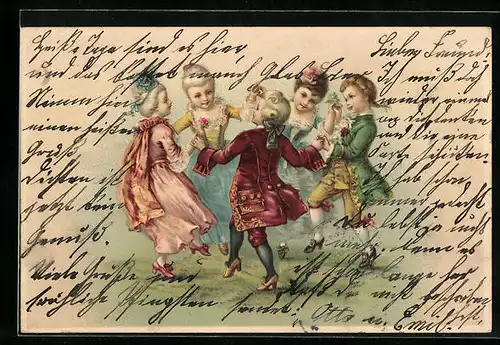 Lithographie Tanzende Kinder in barocker Kleidung