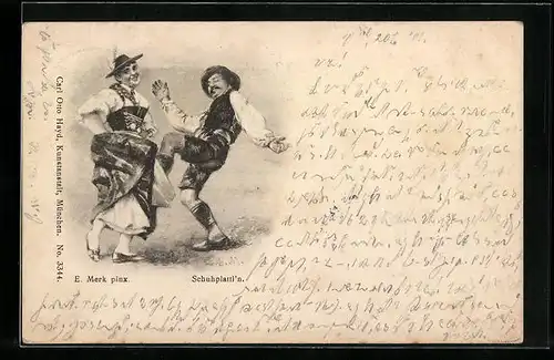 AK Schuhplattln, Dirndlmädchen und Tänzer in Lederhosen