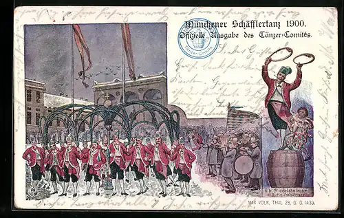 AK München, Tanzgruppe beim Schäfflertanz mit Musikanten und Publikum, 1900
