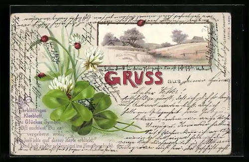 Lithographie Glücksklee mit Marienkäfern, Sommerlandschaft