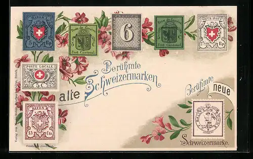 Künstler-AK Berühmte alte Schweizermarken, Briefmarken
