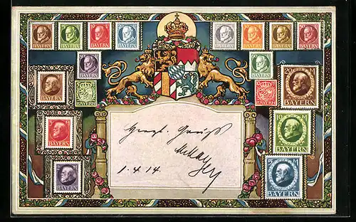 AK Briefmarken von Bayern, Wappen, Heraldik