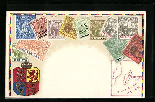 AK Mauritius, Briefmarken und Wappen, Landkarte
